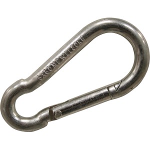 Moschettone (t.b.t.) in metallo argentato, adatto a diverse applicazioni.