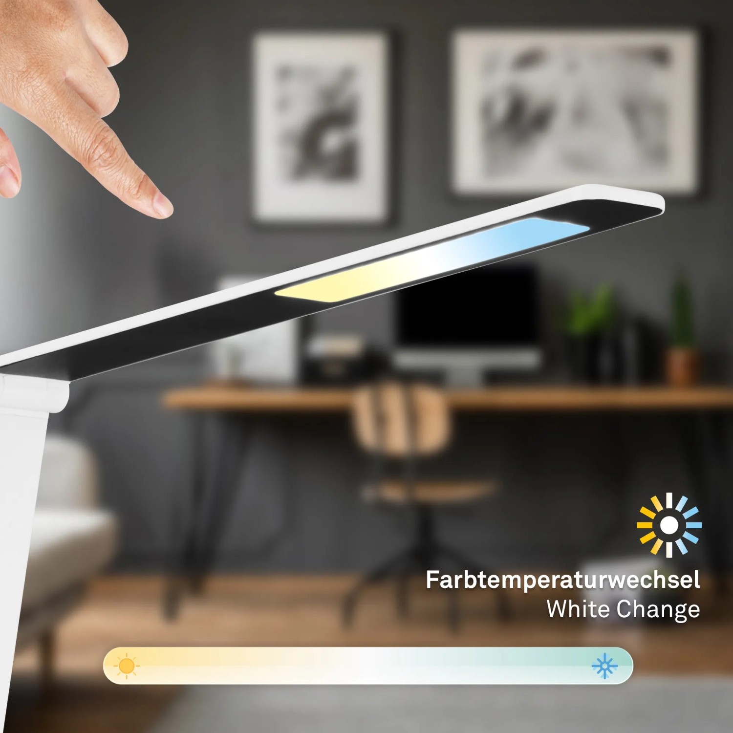 Lampada da scrivania a LED bianca Brilo Cuma con dimmer touch e ricarica induttiva.