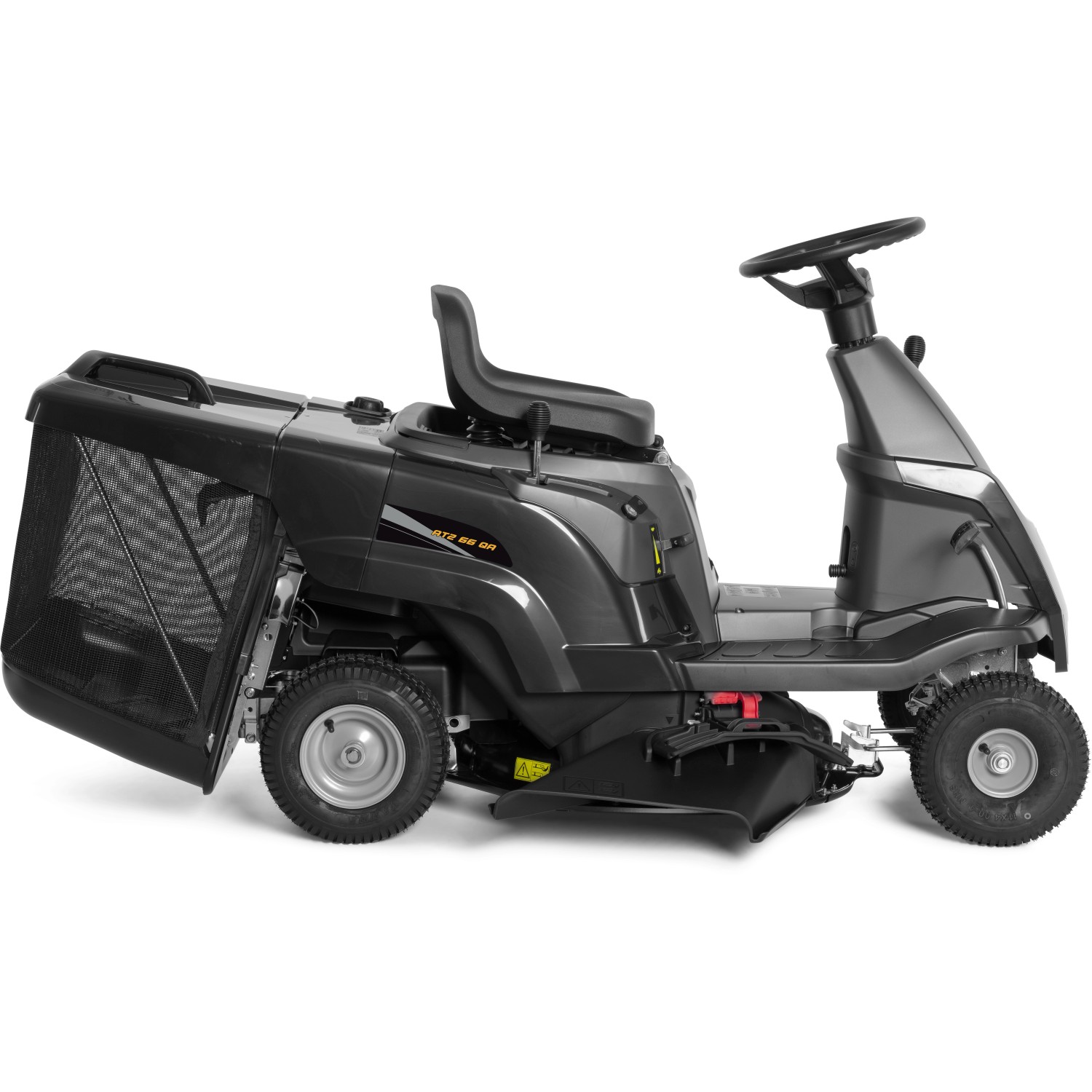 Trattorino tagliaerba Alpina AT2 66 QA, rasaerba compatto con cesto di raccolta e scarico laterale.