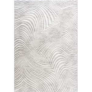 Tappeto moderno con motivo a onde astratte in grigio e bianco.