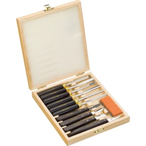 Set di intaglio LUX Comfort, 11 pezzi in scatola di legno con coltelli, scalpelli e pietra per affilare.