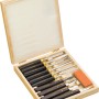 Set di intaglio LUX Comfort, 11 pezzi in scatola di legno con coltelli, scalpelli e pietra per affilare.