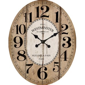 Orologio da parete ovale in stile vintage con effetto legno e grandi numeri. Orologio decorativo per la casa.