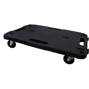 Pianale di trasporto nero con ruote per un facile trasporto.