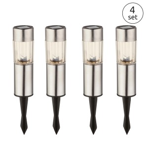 Set da 4 luci solari Globo in acciaio inox con picchetto per esterni.