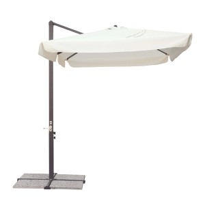 Ombrellone a braccio beige con base grigia. Ideale per giardino e terrazzo.