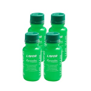 Quattro flaconi verdi di t.b.t. detergente concentrato per pavimenti per macchine di pulizia.