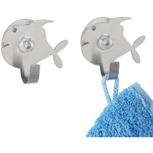 Wenko Ganci a ventosa Fish, set da 2, acciaio inox opaco. Ganci a muro a forma di pesce per bagno, cucina o cameretta.