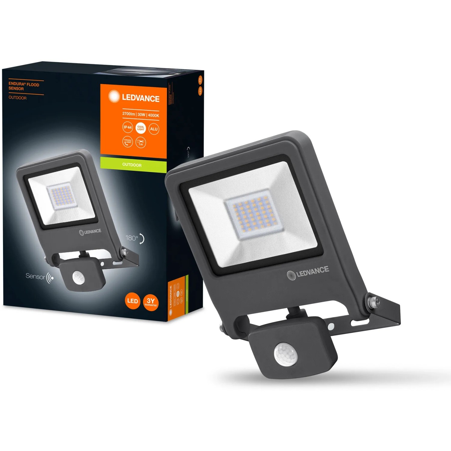 Faretto da esterno a LED Ledvance Endura Flood con sensore, 30W, 4000K, grigio scuro.