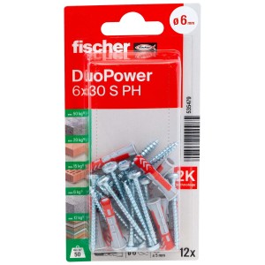 Tasselli Fischer DuoPower 6x30 S PH, confezione da 12. Tasselli universali per un fissaggio sicuro in diversi materiali.