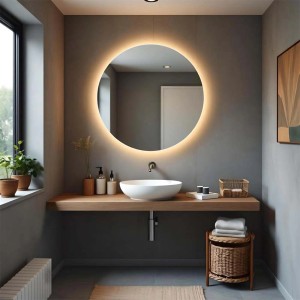 Specchio da parete rotondo a LED in un bagno moderno. Lo specchio fornisce una luce piacevole.