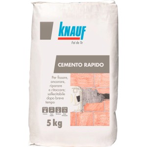 Sacco di cemento rapido Knauf da 5kg, ideale per riparazioni e fissaggi rapidi in interni ed esterni.
