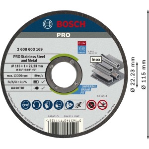Disco da taglio Bosch Pro 115mm per acciaio inox e metallo. Accessorio per smerigliatrice angolare.