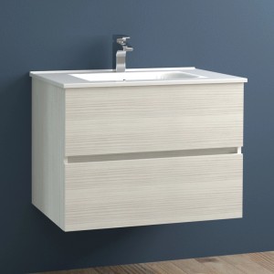 Mobile bagno sospeso effetto legno con due cassetti e lavabo da appoggio.