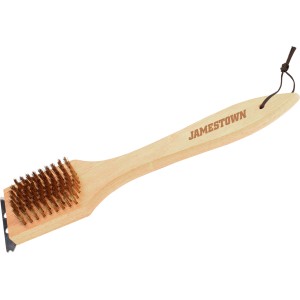 Spazzola per barbecue con manico in legno e setole in metallo per griglie.