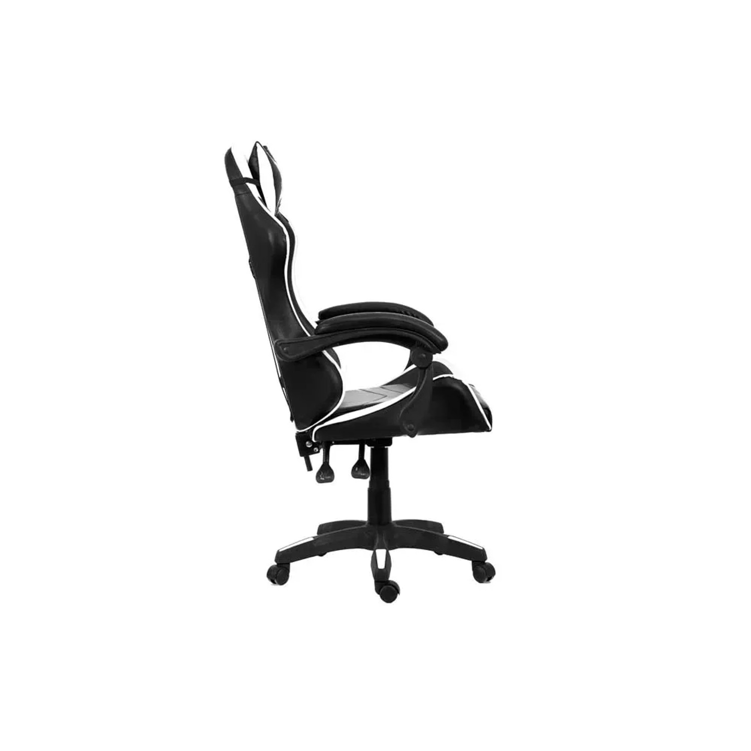 Sedia da gaming nera con dettagli bianchi, vista laterale.