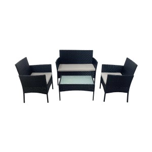 Set di mobili da giardino neri con divano, due poltrone e tavolo.