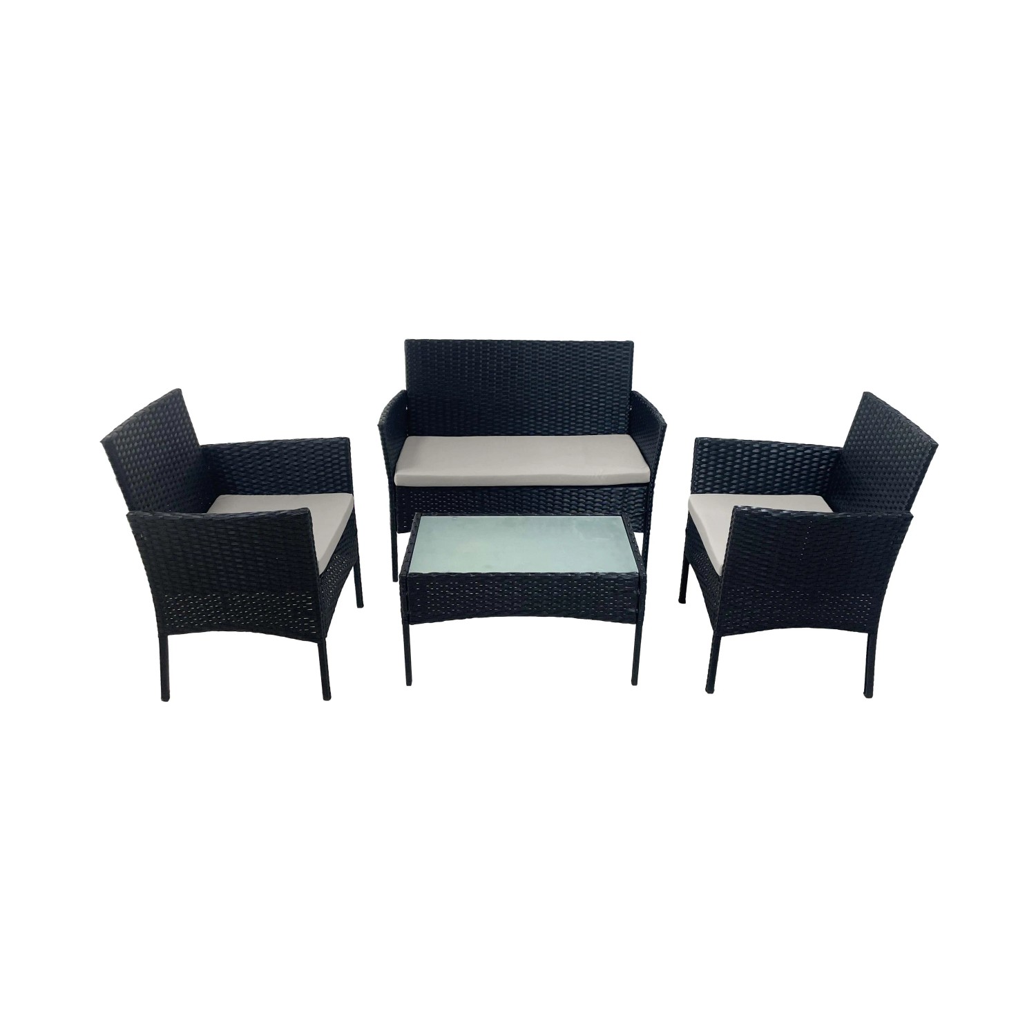 Set di mobili da giardino neri con divano, due poltrone e tavolo.