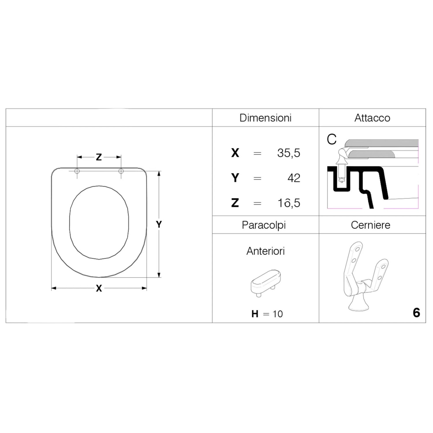 Disegno tecnico di un sedile WC t.b.t. con dimensioni e dettagli di montaggio e tamponi.