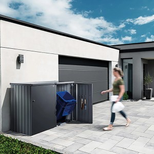Biohort Alex box per bidoni, variante 2 in grigio quarzo metallizzato con ante aperte e bidone.