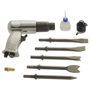 Set martello scalpellatore pneumatico LUX con 5 scalpelli, flacone d'olio, molla e connettore per lavori di demolizione.