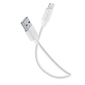 Cavo di ricarica t.b.t. bianco con connettore USB e Lightning.