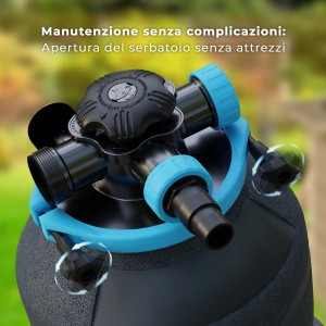 Sistema di filtraggio a sabbia Gre Ø 400 mm, dettaglio dei raccordi e della valvola.