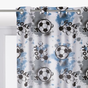 Tenda in tessuto t.b.t. con motivo a tema calcio in blu e grigio.