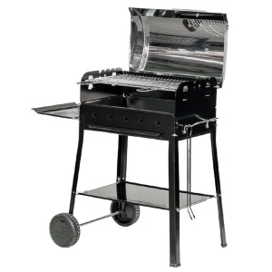 Barbecue a carbone nero con ripiano e ruote.