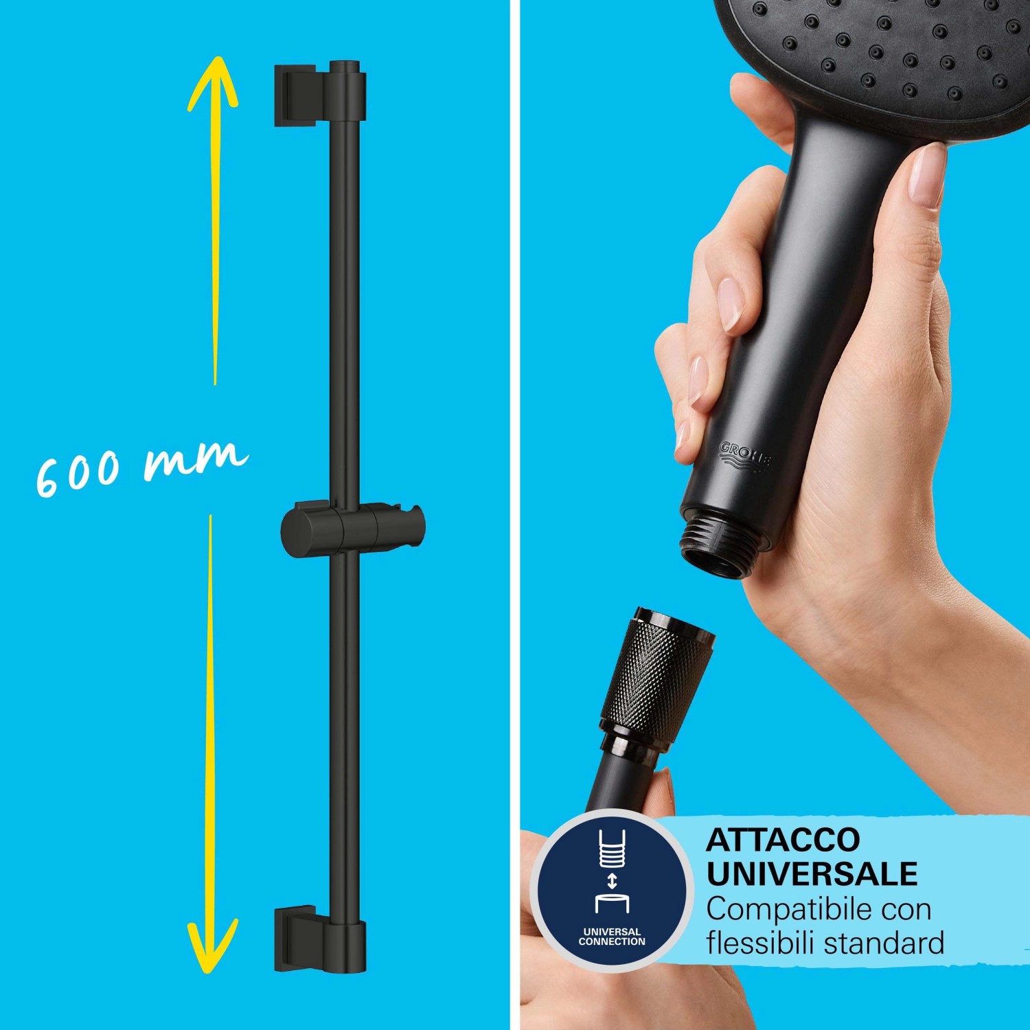 Set doccia Grohe Vitalio Start 110, nero opaco, con asta doccia e doccetta.