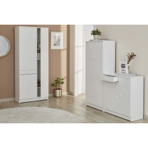 Set di scarpiera bianca con cassetti e ante.