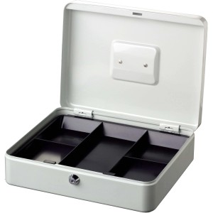 Cassetta portavalori Burg Wächter Money 5030 aperta con inserto portamonete, grigio chiaro.