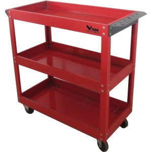 Carrello da officina rosso con tre ripiani e ruote.