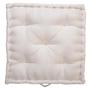 Cuscino quadrato bianco con trapuntatura a bottoni.