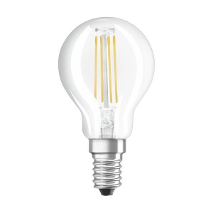Lampadina LED Osram E14 a goccia, 4W, set da 3. Vetro trasparente, luce bianca calda.