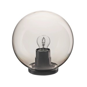 Lampada da esterno sferica con globo in vetro grigio e base nera.