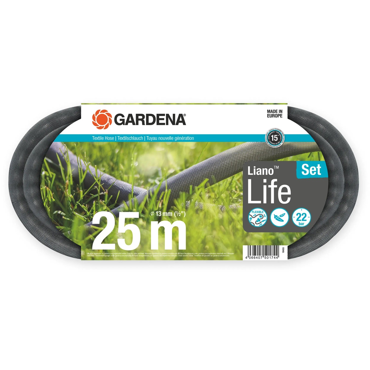 Set Gardena Liano Life da 25 m con tubo da giardino, spruzzatore e accessori.