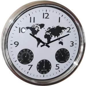 Orologio da parete con mappa del mondo, termometro, igrometro e orario di New York.