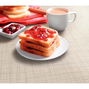 Tovaglia con scena di colazione: toast con marmellata e caffè.