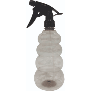 Spruzzino per piante in plastica trasparente da 500 ml con testina nera e forma a coste.