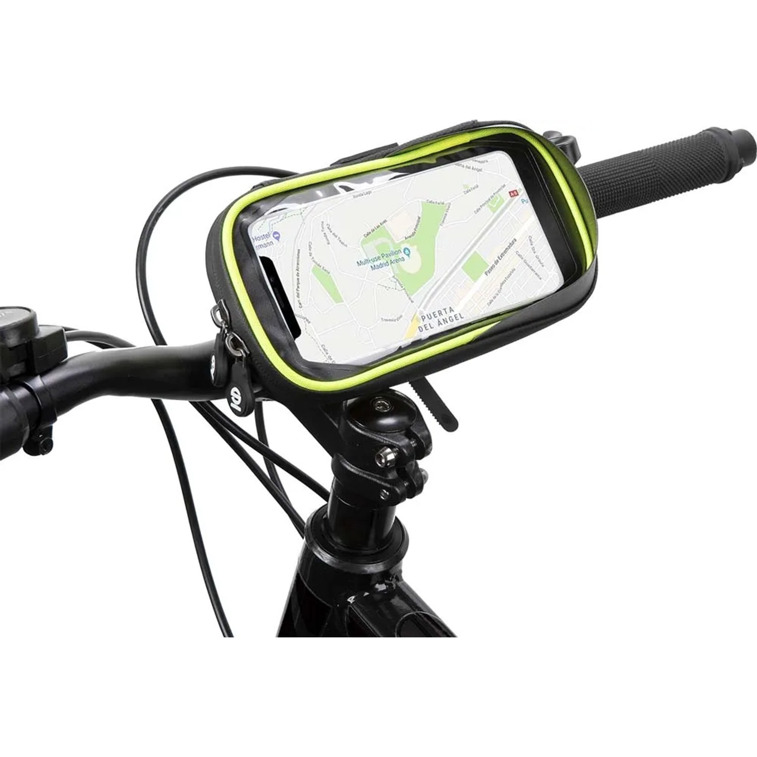 Borsa da bici t.b.t. sul manubrio con smartphone nel display.