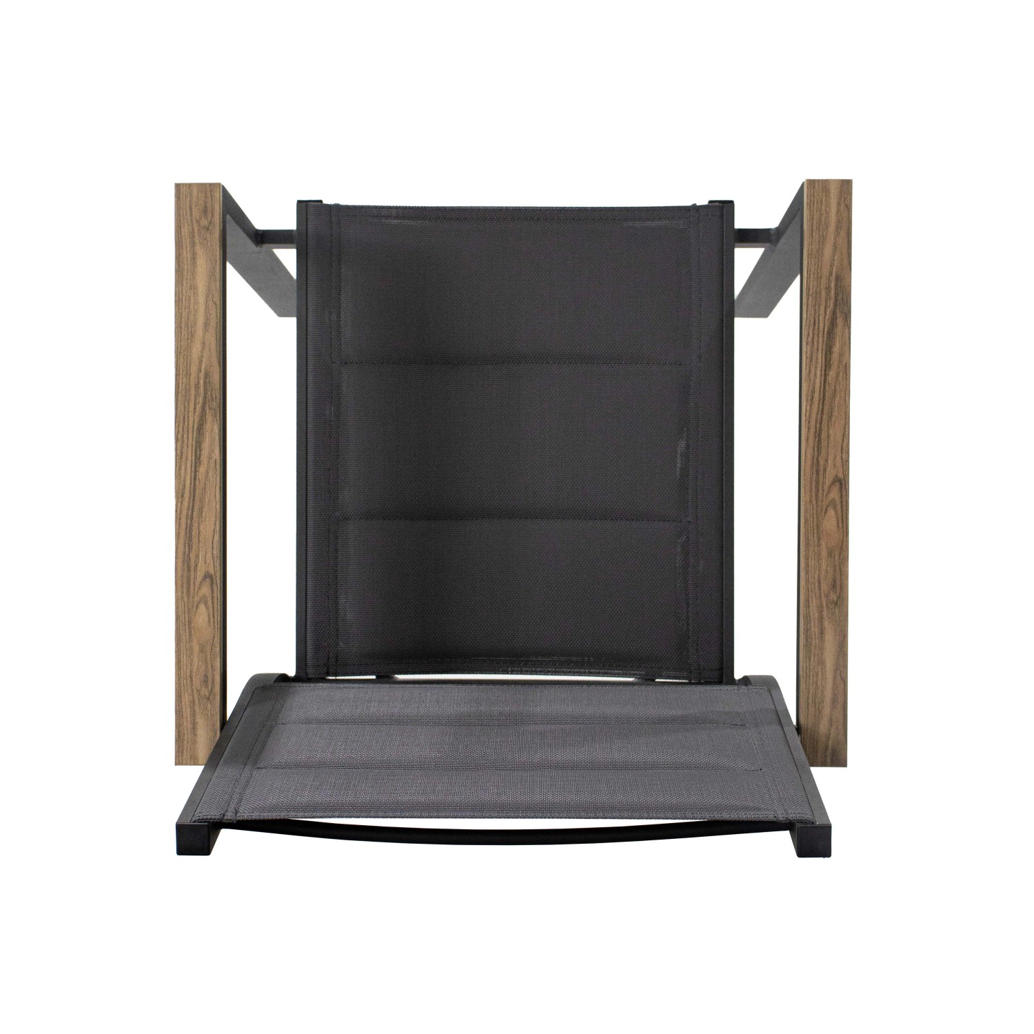 Sedia da giardino t.b.t. con struttura in legno e rivestimento in tessuto grigio.
