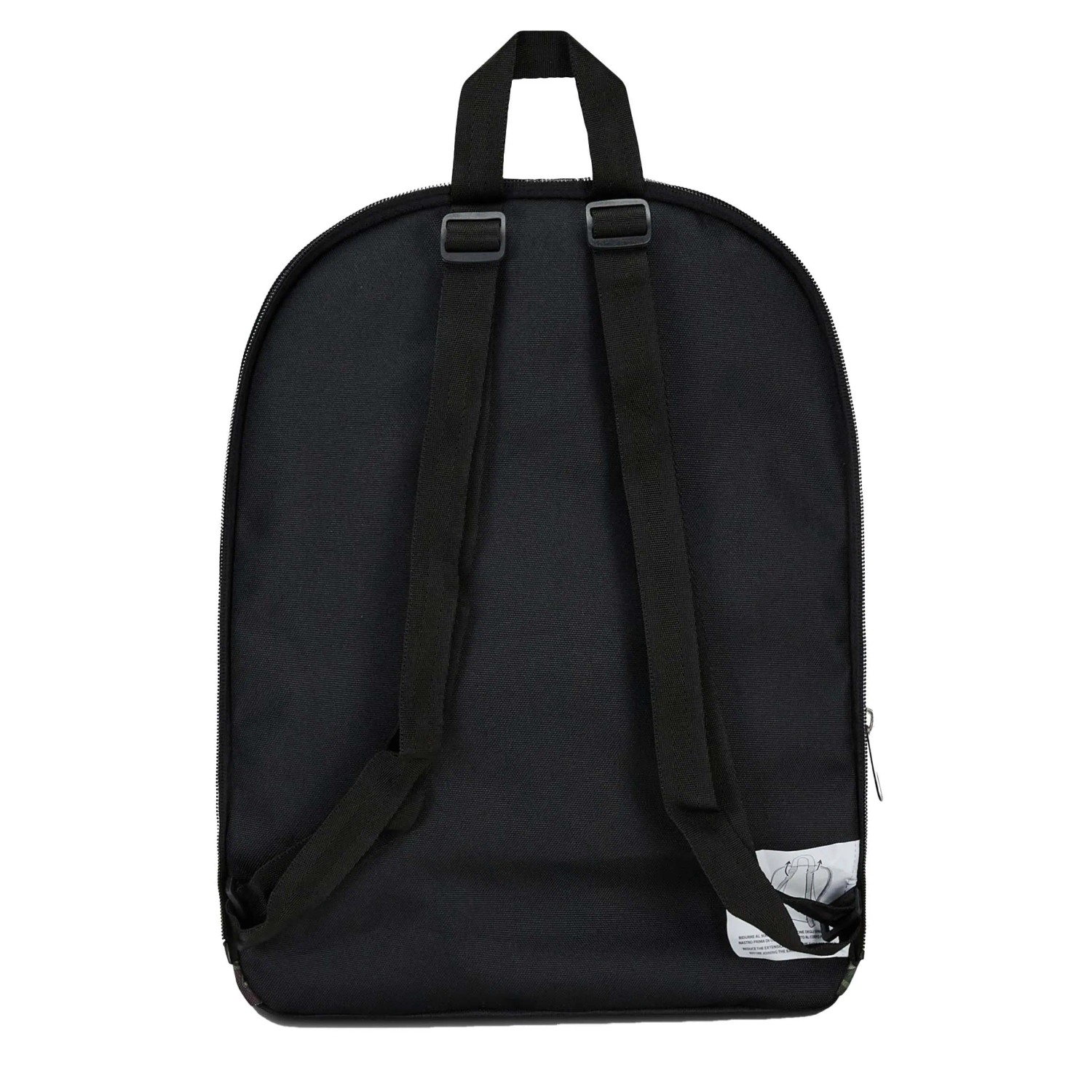 Zaino nero con spallacci regolabili.