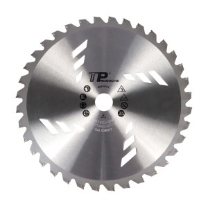 Lama per decespugliatore/tagliabordi, argentata, con bordo dentellato e intagli.