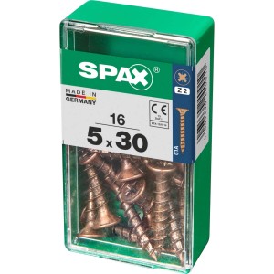 Viti per legno SPAX 5x30 mm, 16 pezzi in contenitore di plastica verde.