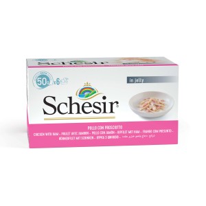 Schesir cibo umido per gatti pollo e prosciutto, 6x50g, in gelatina.