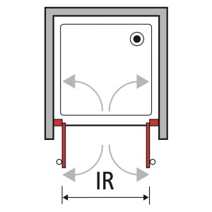 Schizzo di una porta doccia (t.b.t.) con frecce che indicano il raggio di apertura (IR).