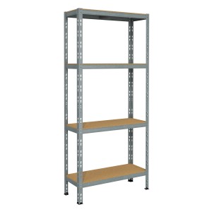 Scaffale metallico con quattro ripiani in legno, ideale per lo stoccaggio in cantina o in garage.