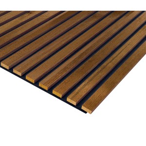 Pannello acustico in legno con listelli marroni su feltro nero. Fonoassorbente.