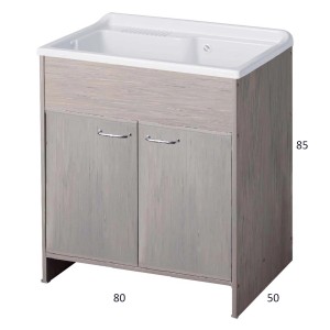 Mobile lavabo con due ante effetto legno e lavabo bianco.